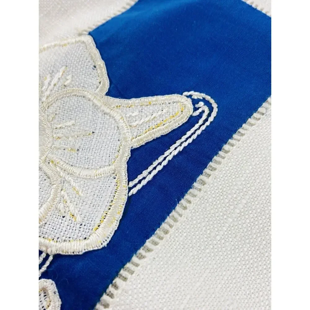 Antique Embroidered Table scarf Linen with fringe Square Blue Flowers Soft Card